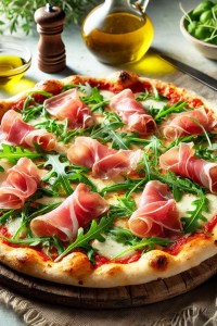 Authentic Italian Recipe: Pizza Riccione with Stracchino, Prosciutto Crudo, Rucola, and Mozzarella