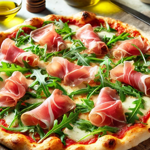 Authentic Italian Recipe: Pizza Riccione with Stracchino, Prosciutto Crudo, Rucola, and Mozzarella