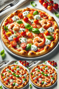 A beautifully presented Italian pizza on a white plate, placed on a white table. The pizza is topped with melted mozzarella, creamy stracciatella, halved cherry tomatoes (pomodorini), and cooked shrimp (gamberetti), garnished with fresh basil leaves. The scene is bright and clean, with a minimalist and appetizing style, perfect for showcasing the pizza's vibrant colors and textures.