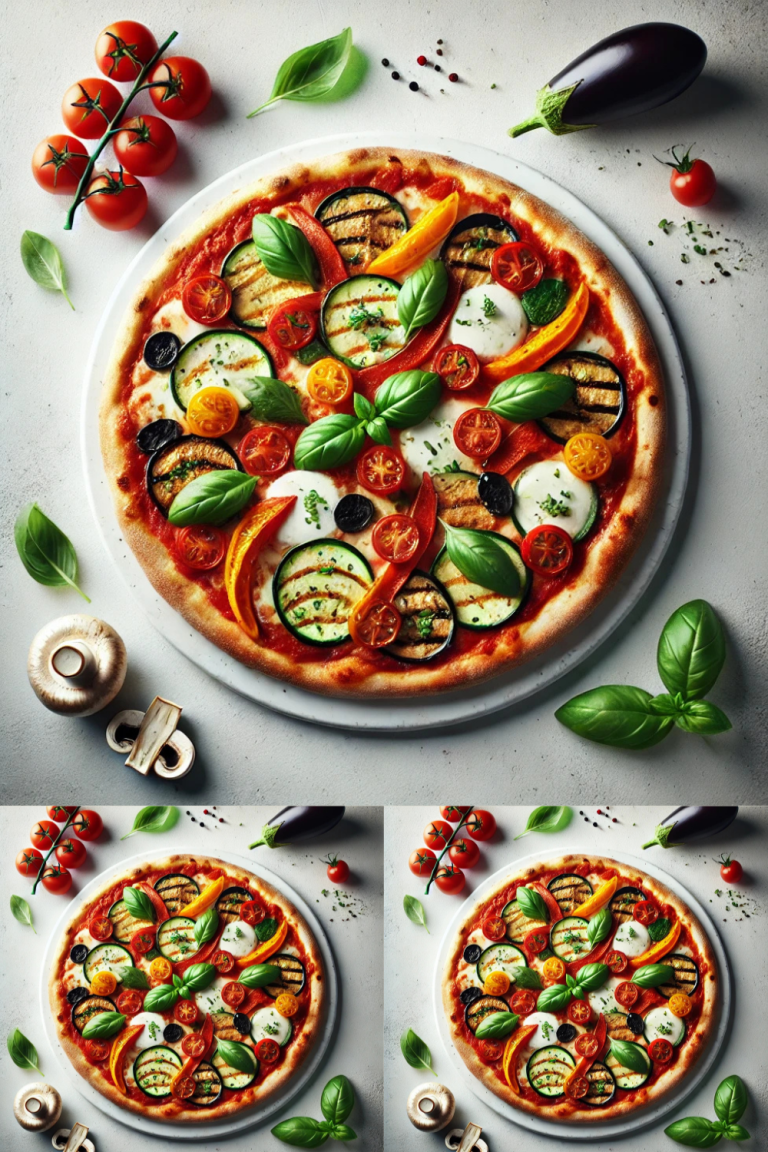 A beautifully styled Italian vegetarian pizza served on a white clean plate placed on a white table. The pizza is topped with pomodoro (tomato sauce), fresh mozzarella cheese, grilled vegetables (zucchini, eggplant, bell peppers), cherry tomatoes, and fresh mushrooms. Garnished with fresh basil leaves, with a vibrant and appetizing look. The background is minimal and clean to emphasize the pizza's colors.