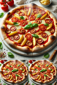 A freshly baked Pizza Ciciddo on a white plate placed on a white table. The pizza features pomodoro (tomato sauce), melted mozzarella cheese, slices of wurstel, and noisette (small fried potato balls), garnished with a sprinkle of oregano and a few fresh basil leaves. The crust is golden brown and slightly crispy, and the toppings are vibrant and appetizing. The table setting is minimalistic and clean, emphasizing the pizza's visual appeal.