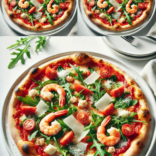 Pizza Enza Italian Recipe Guide: Pizza Enza Featuring Pomodoro, Mozzarella, Formaggio Francese, Gamberetti, Rucola, and Grana