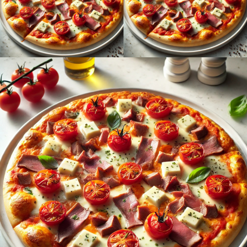 A freshly baked Italian pizza on a white plate placed on a white table. The pizza features tomato passata, shredded mozzarella, Grana cheese, halved cherry tomatoes (pomodorini), and sliced mushrooms (funghi). It is garnished with fresh basil leaves and a drizzle of olive oil. The scene is minimalistic, with the focus on the vibrant colors of the pizza against the clean white background.