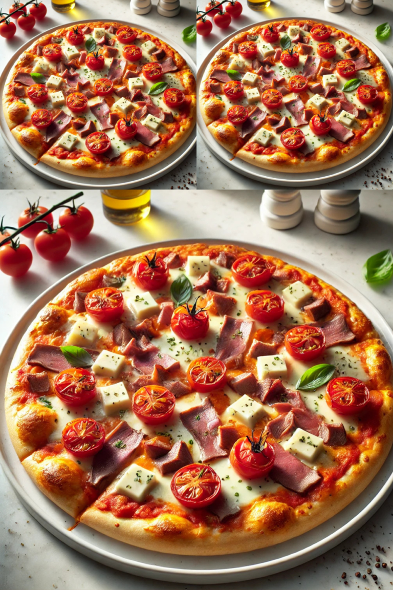 A freshly baked Italian pizza on a white plate placed on a white table. The pizza features tomato passata, shredded mozzarella, Grana cheese, halved cherry tomatoes (pomodorini), and sliced mushrooms (funghi). It is garnished with fresh basil leaves and a drizzle of olive oil. The scene is minimalistic, with the focus on the vibrant colors of the pizza against the clean white background.