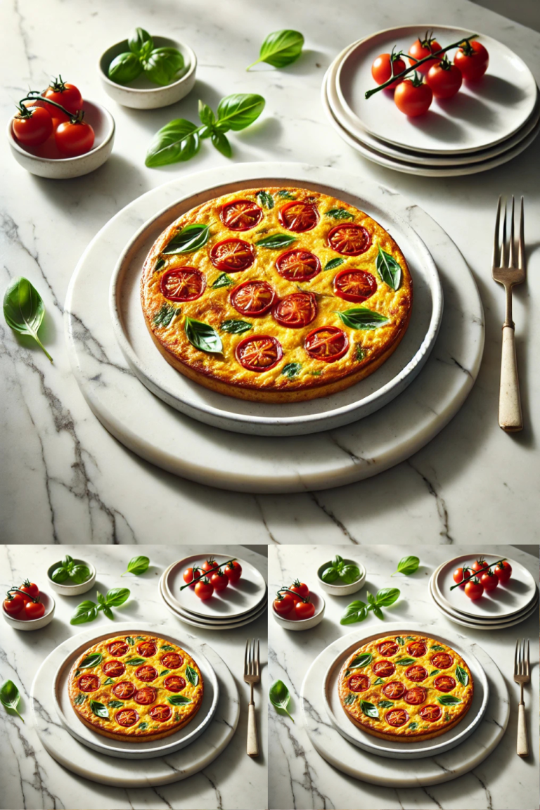 A beautifully presented Frittata di Pomodori e Basilico on a clean white plate, placed on a pristine white marble table. The frittata is golden brown with vibrant red cherry tomatoes and fresh green basil leaves visible on top. The setting is minimalistic, with natural lighting highlighting the texture of the frittata and the marble's subtle veins. No additional garnishes or distractions, focusing solely on the dish.