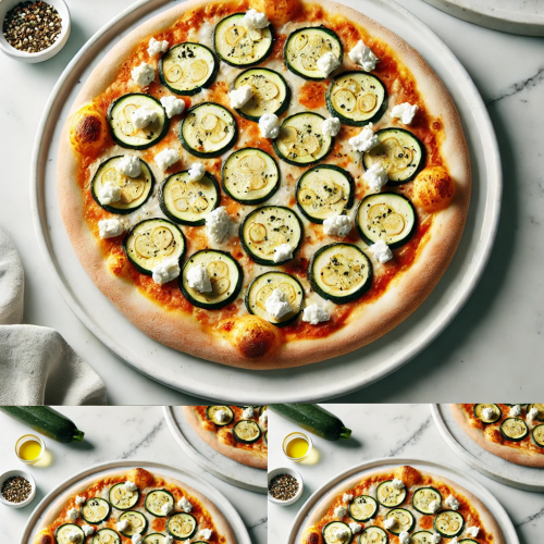 Pizza con Zucchine e Feta A freshly baked pizza topped with zucchini slices and crumbled feta cheese, displayed on a clean white plate set on a white marble table. The pizza features a golden-brown crust with visible toppings of fresh zucchini, creamy feta, and hints of olive oil and seasoning, styled for a minimalistic and elegant presentation. Pizza con Zucchine e Feta: A Step-by-Step Guide