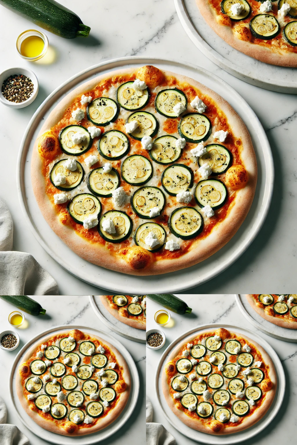 Pizza con Zucchine e Feta A freshly baked pizza topped with zucchini slices and crumbled feta cheese, displayed on a clean white plate set on a white marble table. The pizza features a golden-brown crust with visible toppings of fresh zucchini, creamy feta, and hints of olive oil and seasoning, styled for a minimalistic and elegant presentation. Pizza con Zucchine e Feta: A Step-by-Step Guide