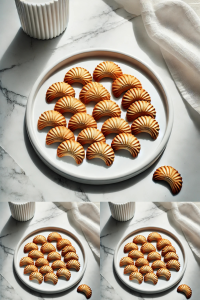 A plate of Krumiri cookies arranged neatly on a clean white plate, placed on a white marble table. The cookies are golden-brown, crescent-shaped, and textured with ridges. The setting is minimalistic, bright, and elegant, emphasizing the cookies' artisanal look.