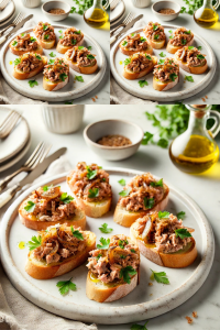 A beautifully plated Bruschetta con Tonno e Cipolla on a white marble table. The dish features toasted bread slices topped with a savory tuna mixture, caramelized onions, fresh parsley, and a drizzle of olive oil. The setting includes minimalistic tableware and soft natural lighting to create a clean and elegant presentation, emphasizing the vibrant colors and textures of the bruschetta. Bruschetta con Tonno e CipollaBruschetta con Tonno e Cipolla Recipe Guide